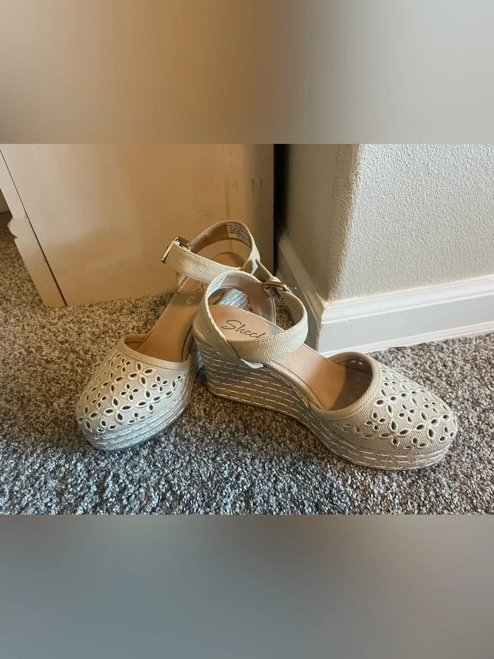 Skechers Beige Cream Wedge Sandals with Ankle Strap